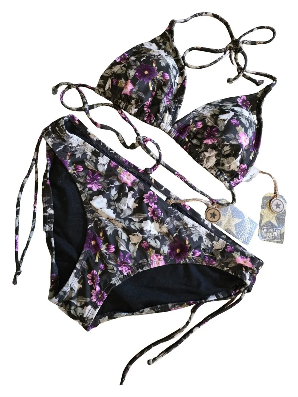 Converse One Star Floral Triangle Bikini Set Women Black Purple NWT Top L Bottom